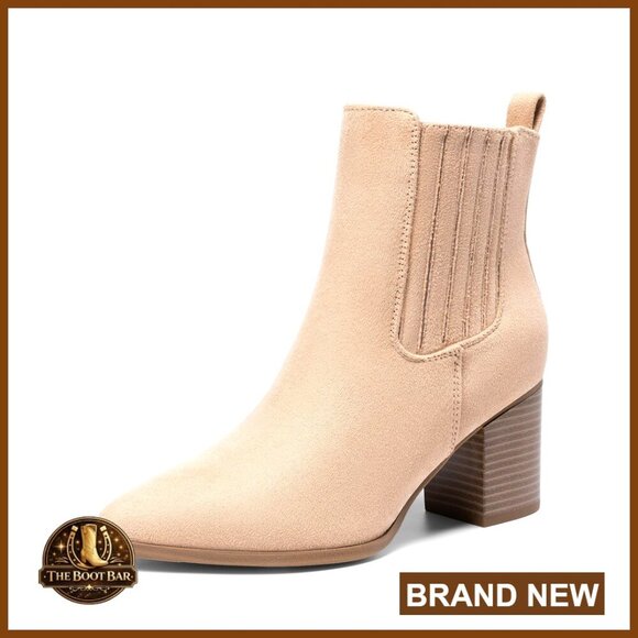 Shoes - Pointed Toe Ankle Boots Chunky Block Heel Slip On Booties Classic Fall Shoes